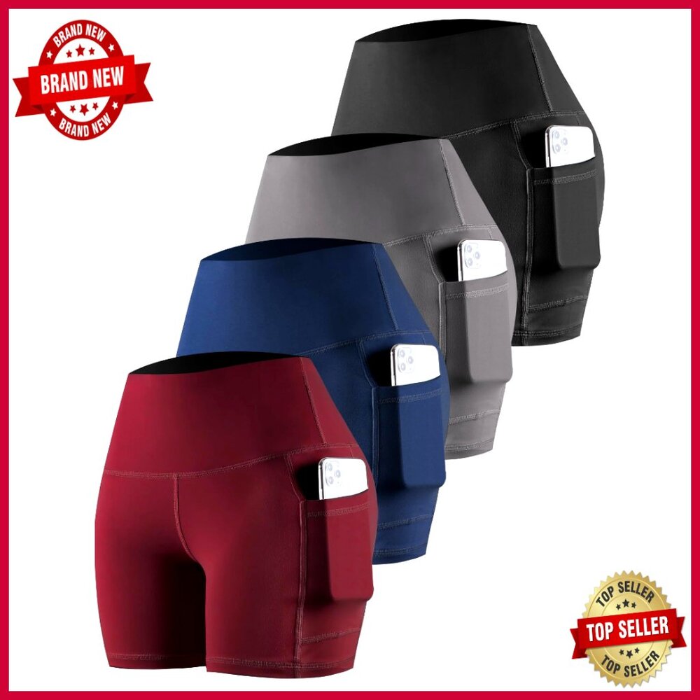 High Waisted Tummy Control Yoga Shorts With Pockets 4 Pack